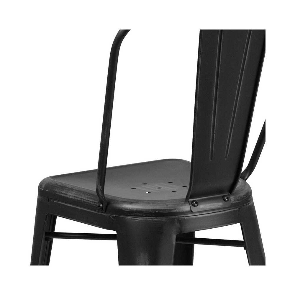 Commercial Grade 24" High Distressed Black Metal Indoor-Outdoor Counter Height Stool with Back