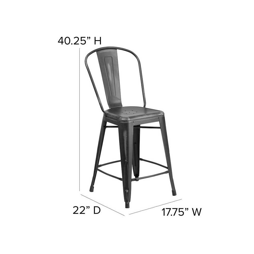 Commercial Grade 24" High Distressed Black Metal Indoor-Outdoor Counter Height Stool with Back