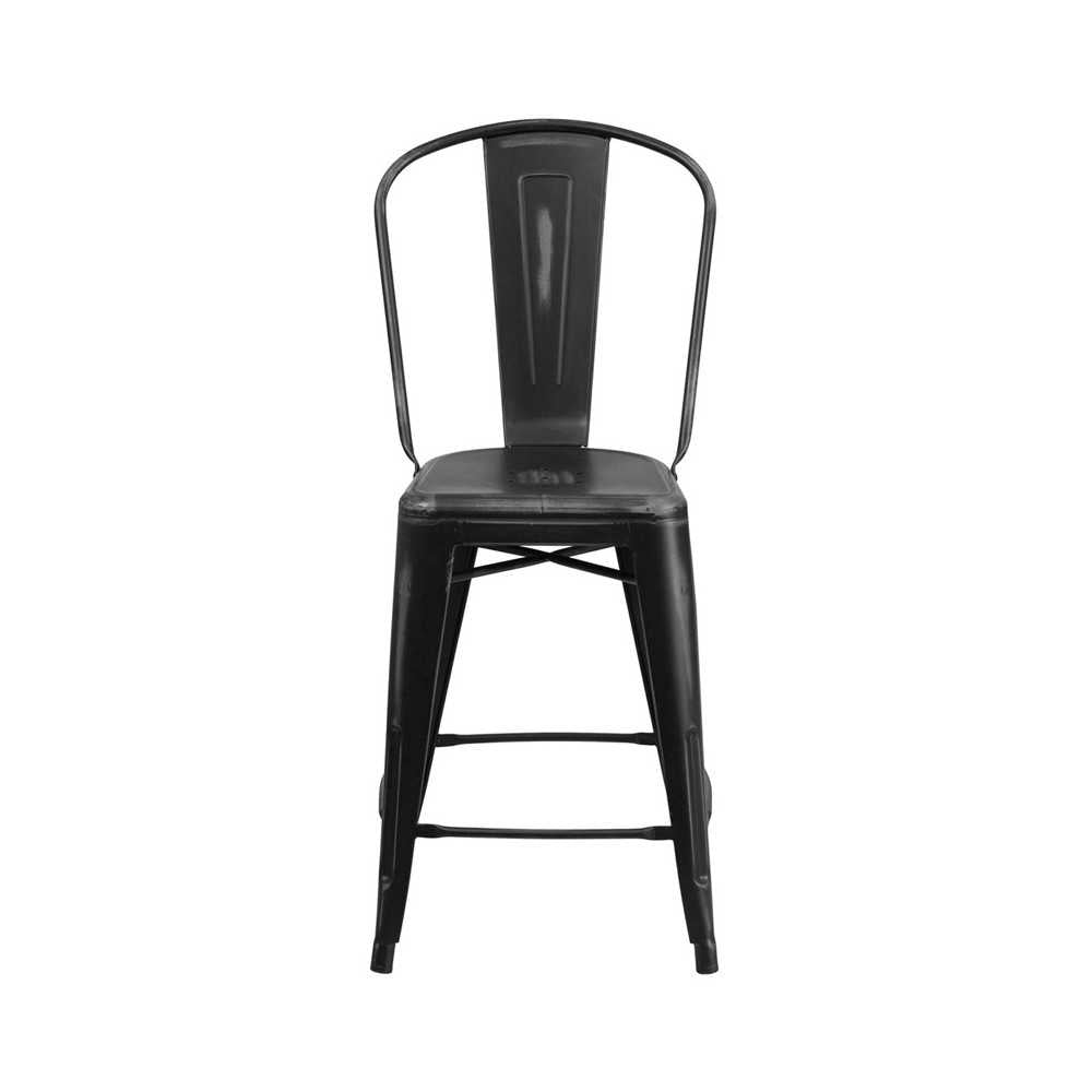 Commercial Grade 24" High Distressed Black Metal Indoor-Outdoor Counter Height Stool with Back