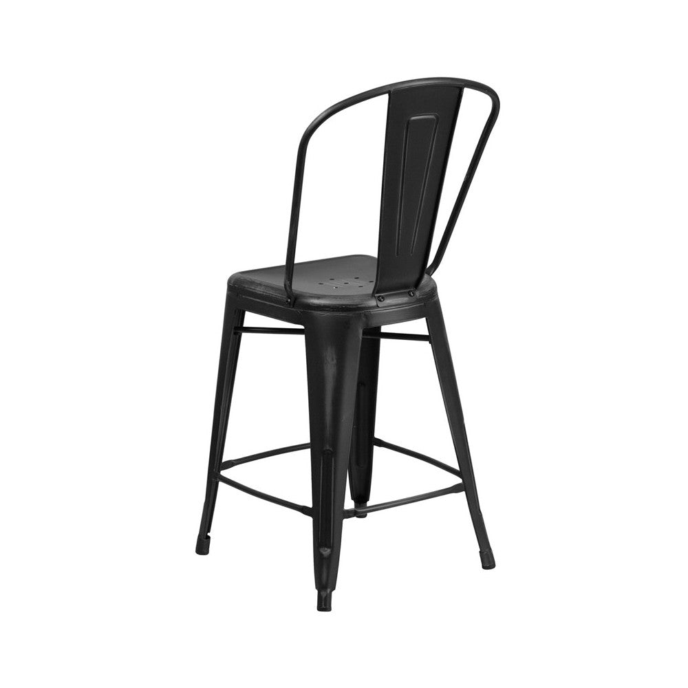 Commercial Grade 24" High Distressed Black Metal Indoor-Outdoor Counter Height Stool with Back
