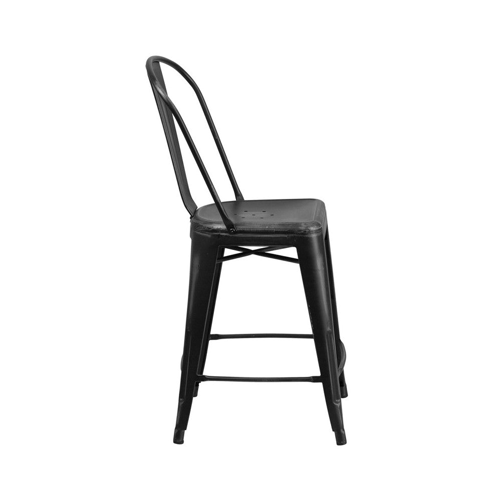 Commercial Grade 24" High Distressed Black Metal Indoor-Outdoor Counter Height Stool with Back