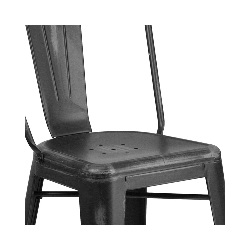 Commercial Grade 24" High Distressed Black Metal Indoor-Outdoor Counter Height Stool with Back