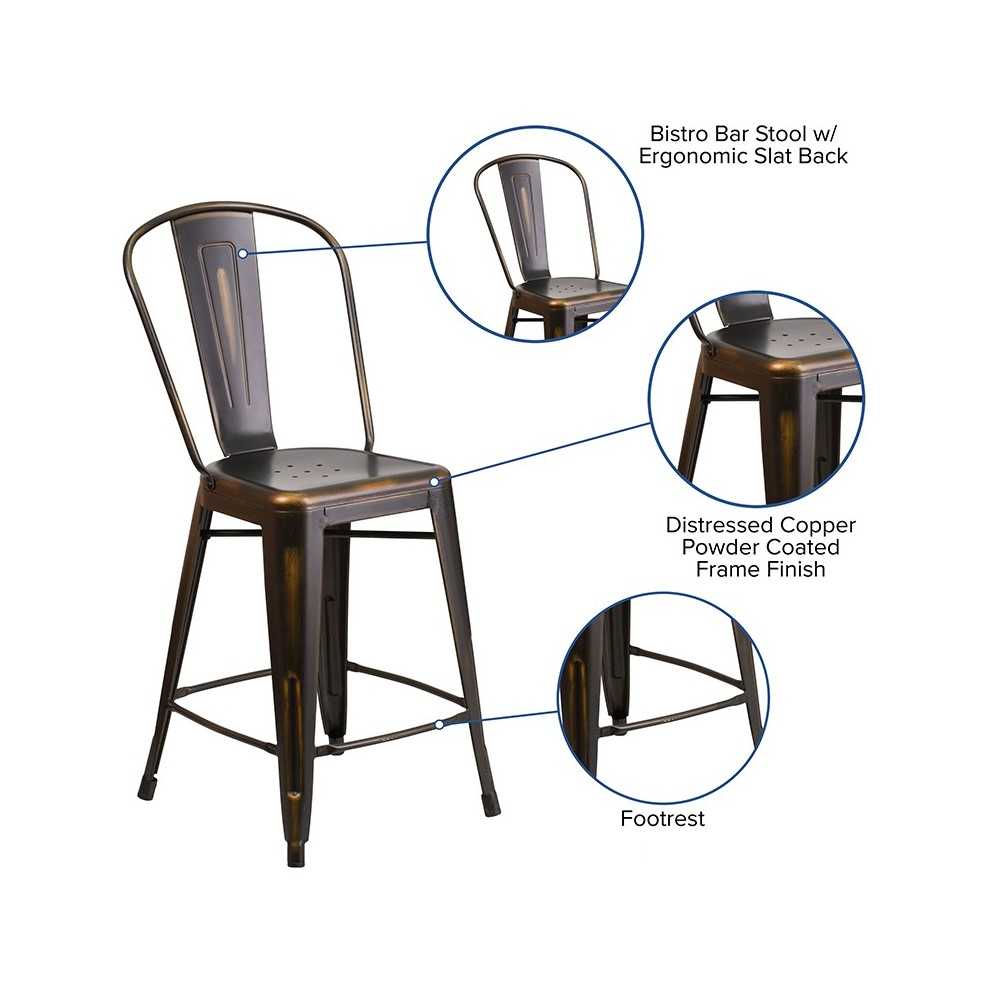 Commercial Grade 24" High Distressed Copper Metal Indoor-Outdoor Counter Height Stool with Back