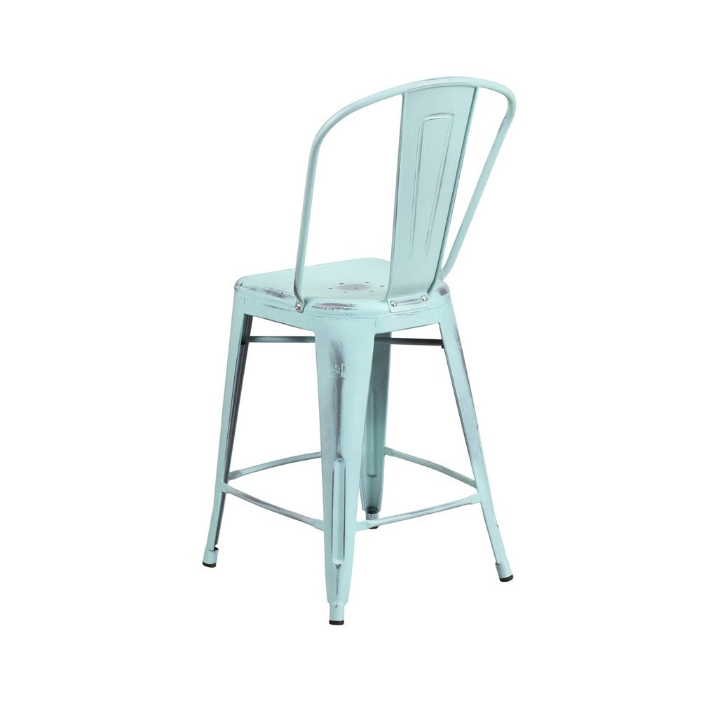 Commercial Grade 24" High Distressed Green-Blue Metal Indoor-Outdoor Counter Height Stool with Back