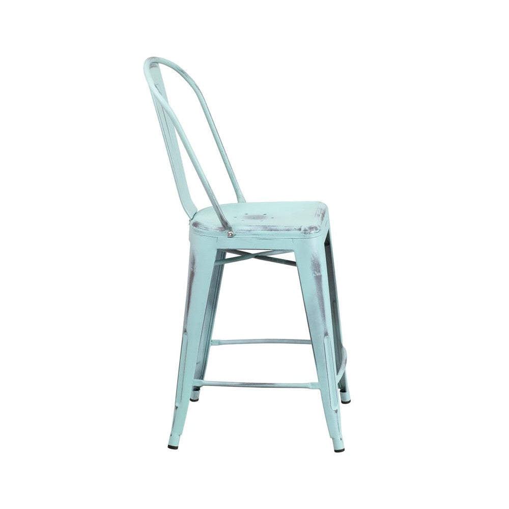 Commercial Grade 24" High Distressed Green-Blue Metal Indoor-Outdoor Counter Height Stool with Back