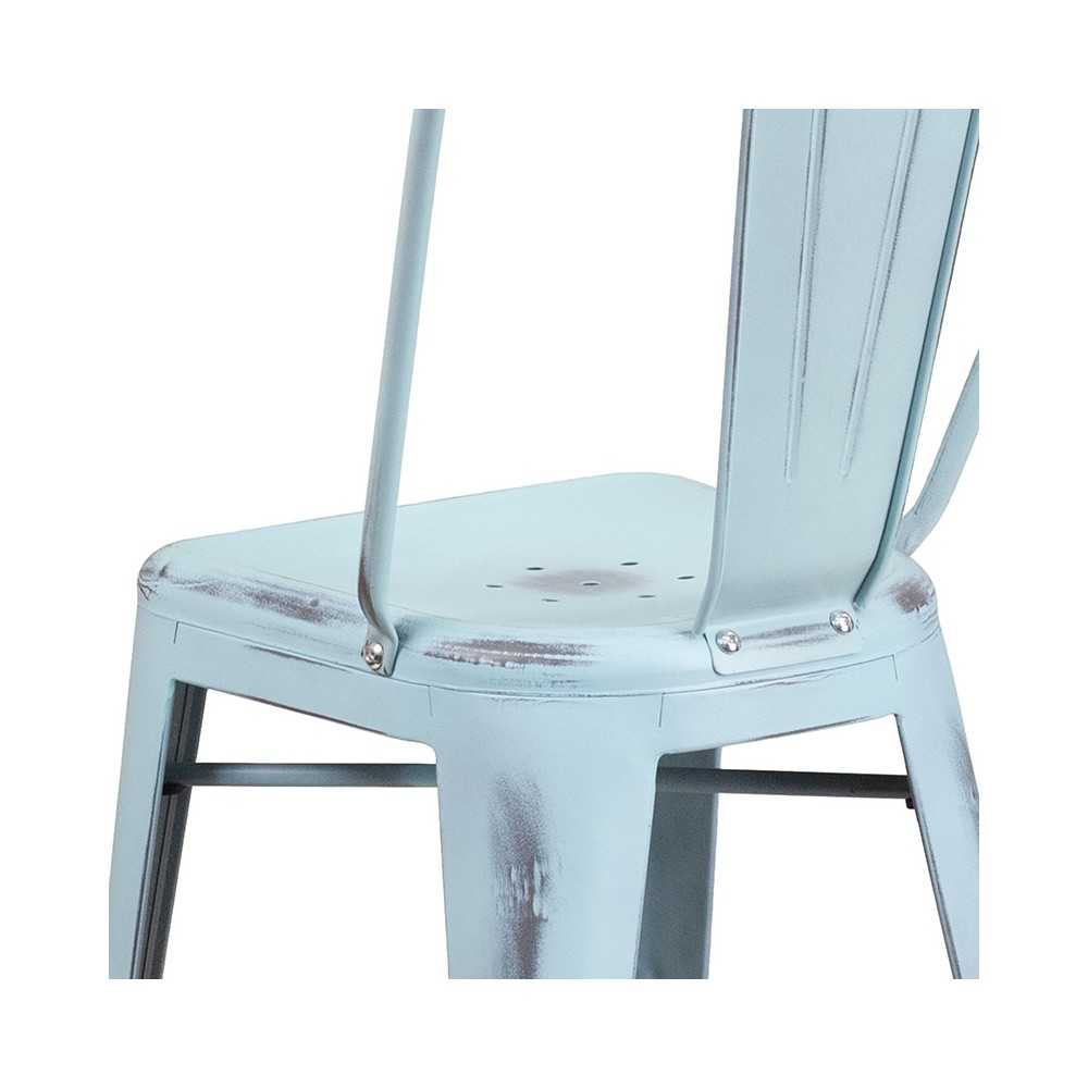 Commercial Grade 24" High Distressed Green-Blue Metal Indoor-Outdoor Counter Height Stool with Back