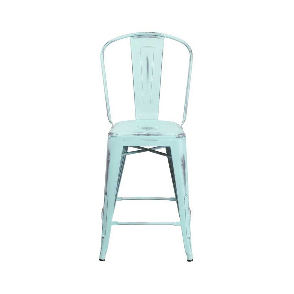 Commercial Grade 24" High Distressed Green-Blue Metal Indoor-Outdoor Counter Height Stool with Back