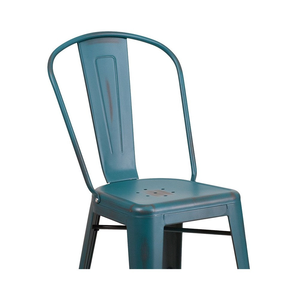 Commercial Grade 24" High Distressed Kelly Blue-Teal Metal Indoor-Outdoor Counter Height Stool with Back