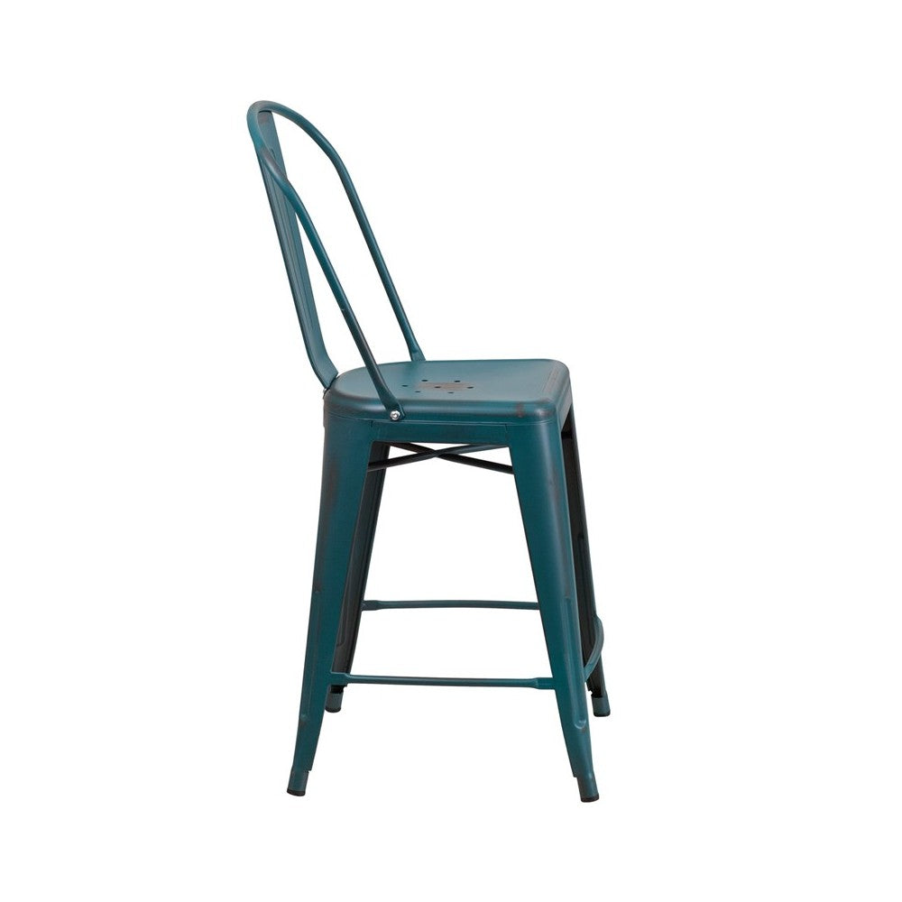 Commercial Grade 24" High Distressed Kelly Blue-Teal Metal Indoor-Outdoor Counter Height Stool with Back