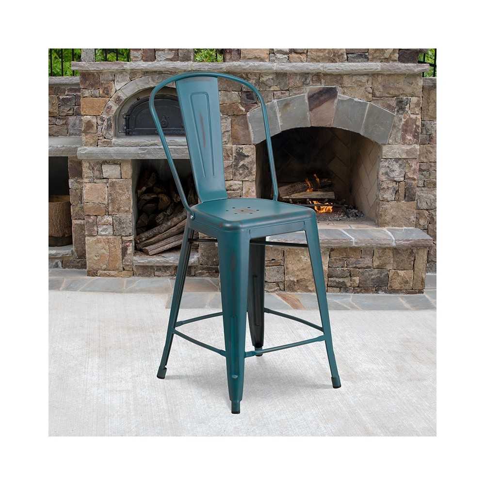 Commercial Grade 24" High Distressed Kelly Blue-Teal Metal Indoor-Outdoor Counter Height Stool with Back