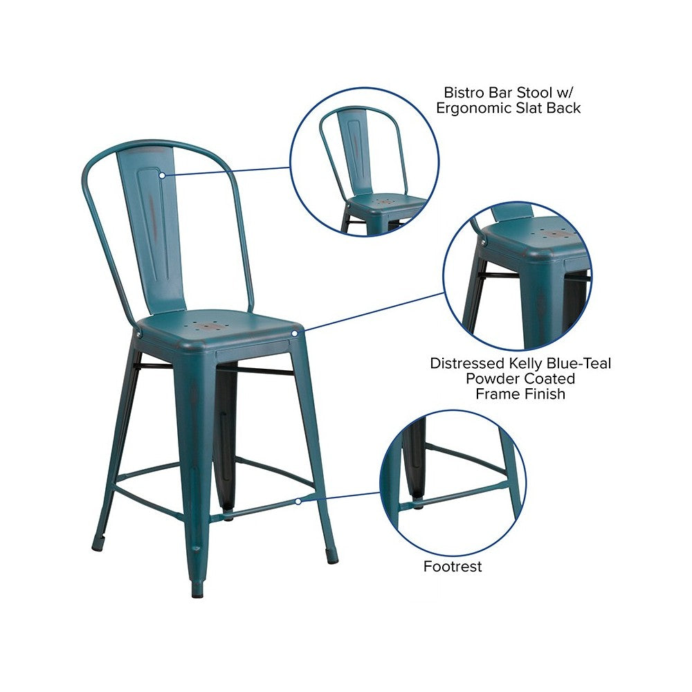 Commercial Grade 24" High Distressed Kelly Blue-Teal Metal Indoor-Outdoor Counter Height Stool with Back