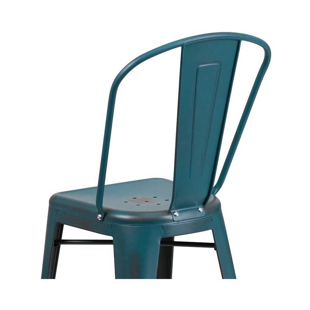 Commercial Grade 24" High Distressed Kelly Blue-Teal Metal Indoor-Outdoor Counter Height Stool with Back