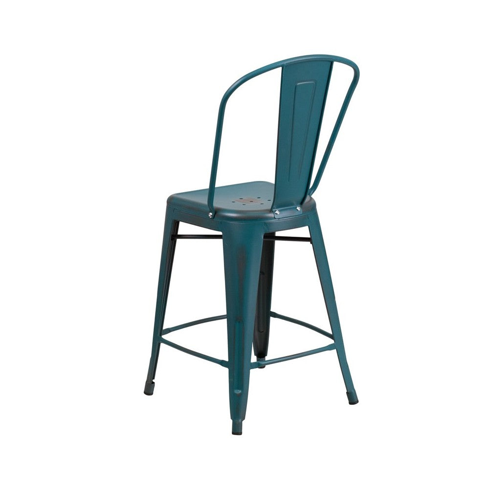 Commercial Grade 24" High Distressed Kelly Blue-Teal Metal Indoor-Outdoor Counter Height Stool with Back