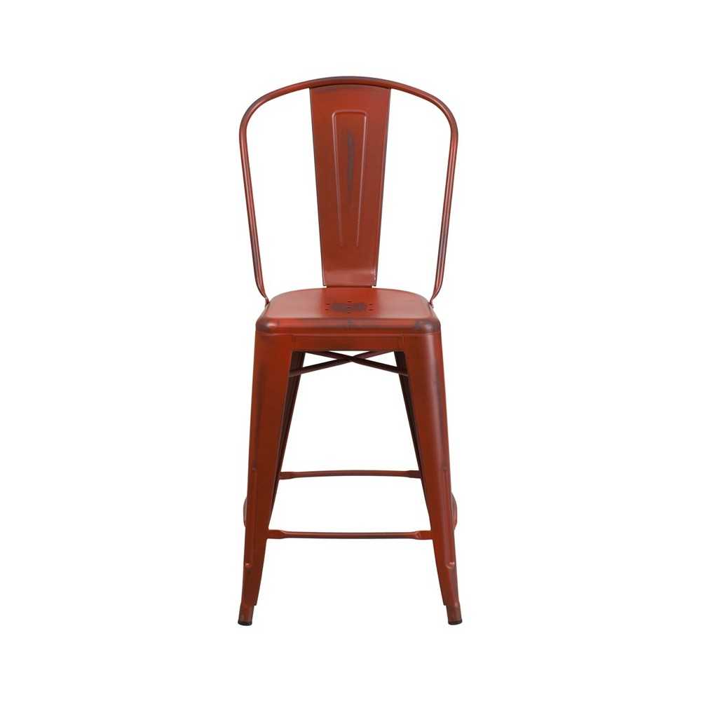Commercial Grade 24" High Distressed Kelly Red Metal Indoor-Outdoor Counter Height Stool with Back