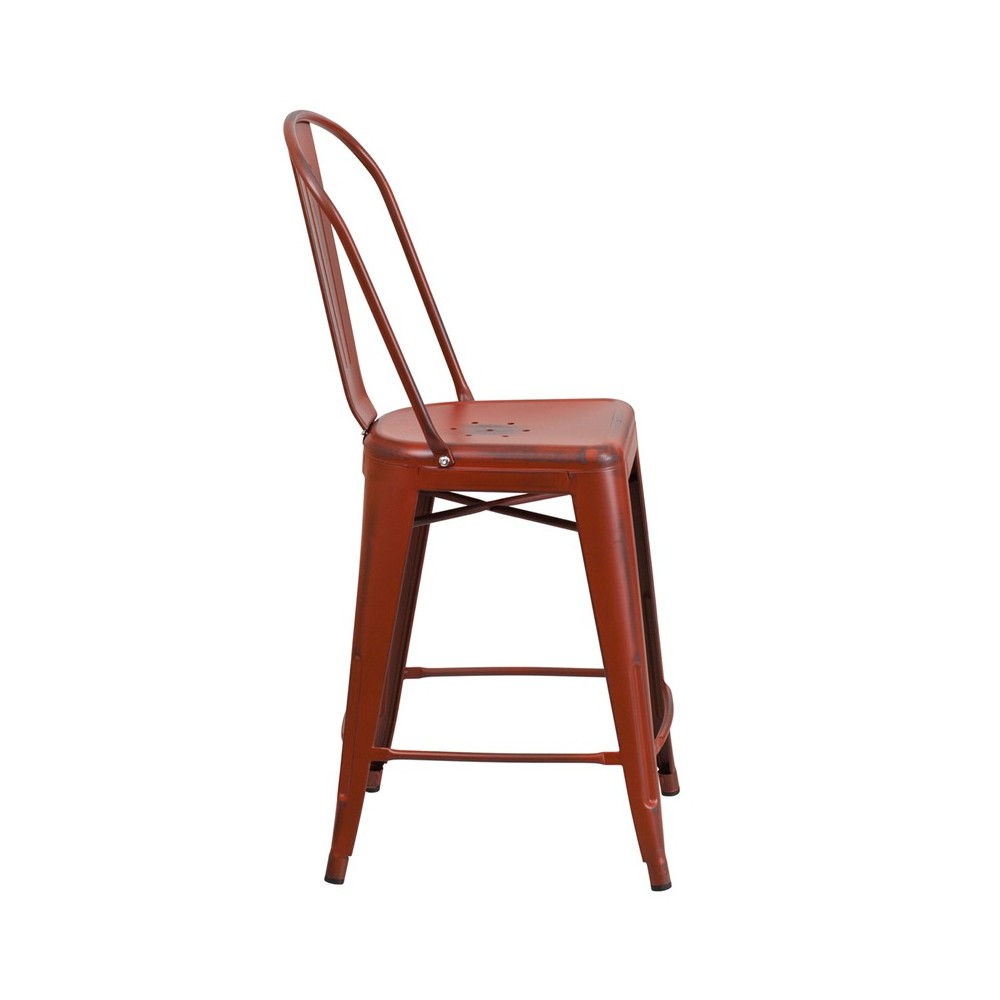 Commercial Grade 24" High Distressed Kelly Red Metal Indoor-Outdoor Counter Height Stool with Back