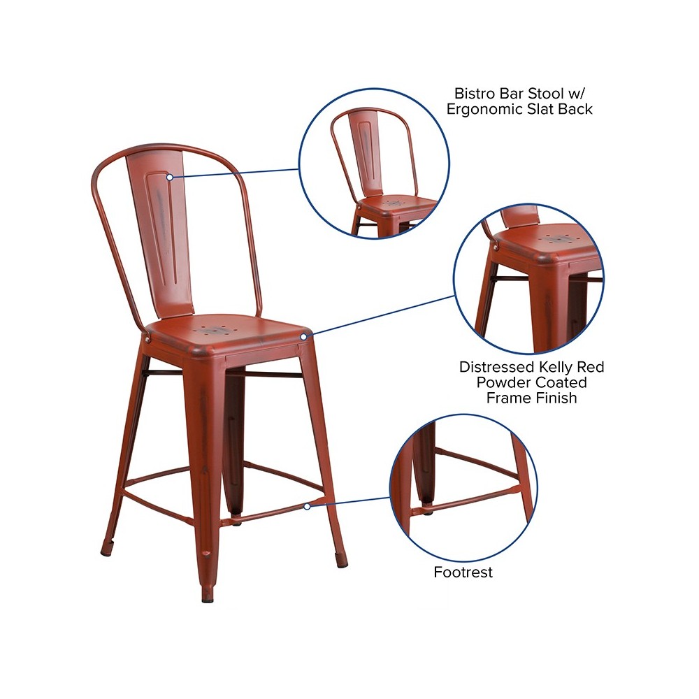 Commercial Grade 24" High Distressed Kelly Red Metal Indoor-Outdoor Counter Height Stool with Back
