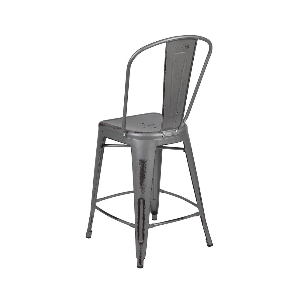 Commercial Grade 24" High Distressed Silver Gray Metal Indoor-Outdoor Counter Height Stool with Back