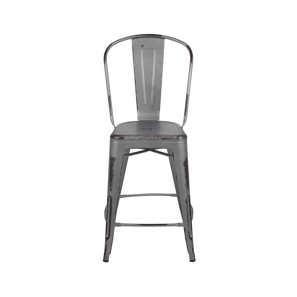 Commercial Grade 24" High Distressed Silver Gray Metal Indoor-Outdoor Counter Height Stool with Back