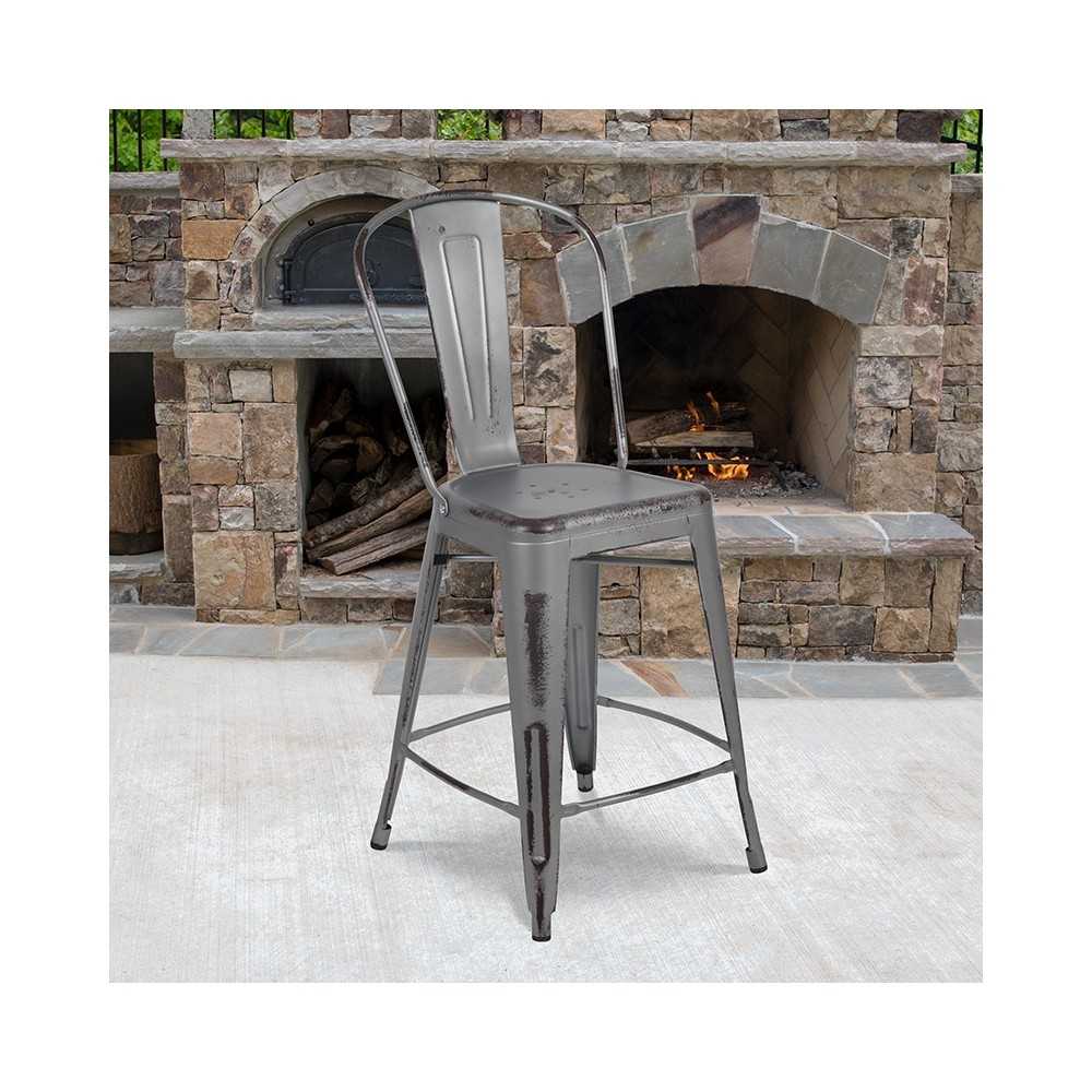 Commercial Grade 24" High Distressed Silver Gray Metal Indoor-Outdoor Counter Height Stool with Back