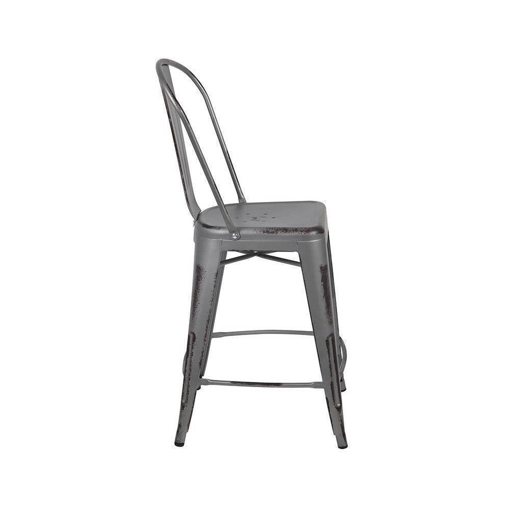 Commercial Grade 24" High Distressed Silver Gray Metal Indoor-Outdoor Counter Height Stool with Back