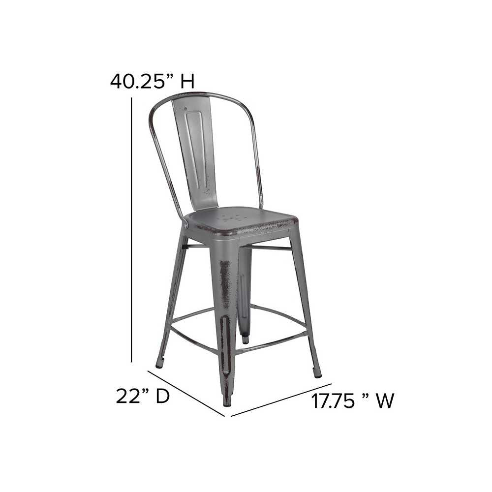Commercial Grade 24" High Distressed Silver Gray Metal Indoor-Outdoor Counter Height Stool with Back