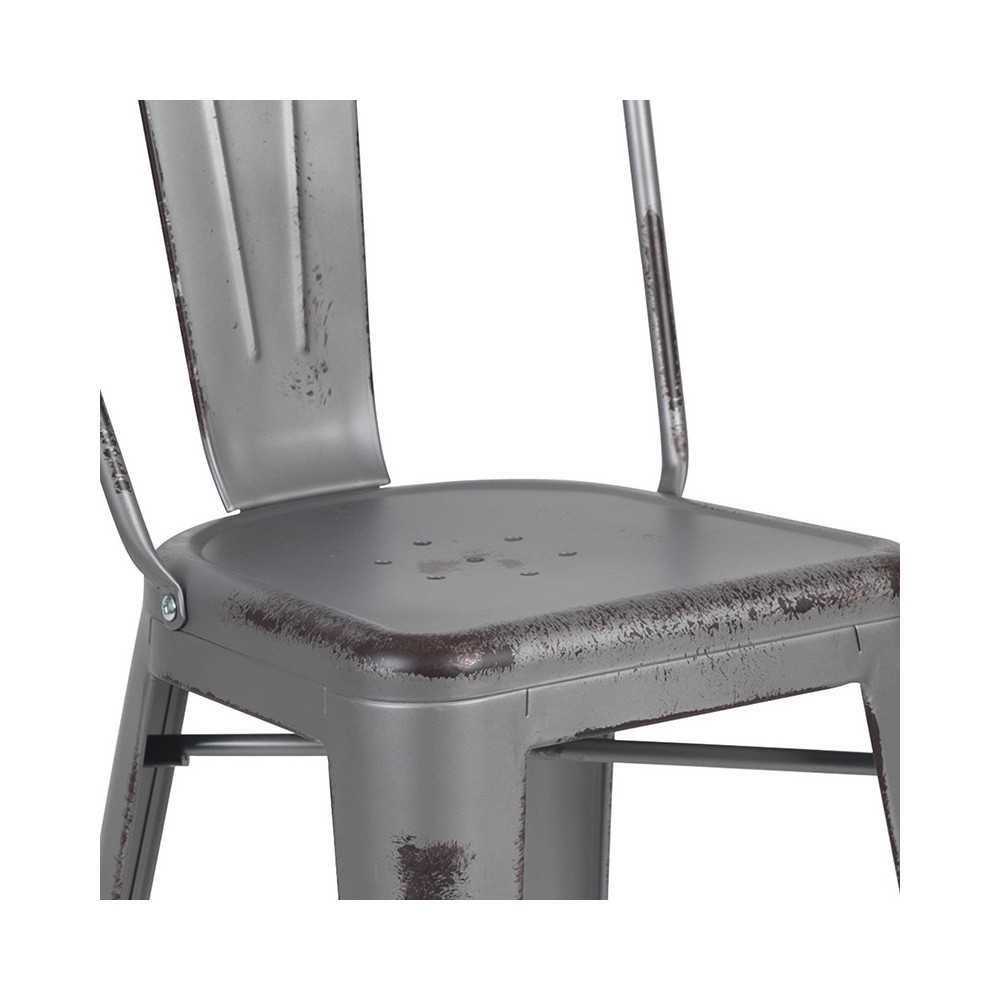 Commercial Grade 24" High Distressed Silver Gray Metal Indoor-Outdoor Counter Height Stool with Back