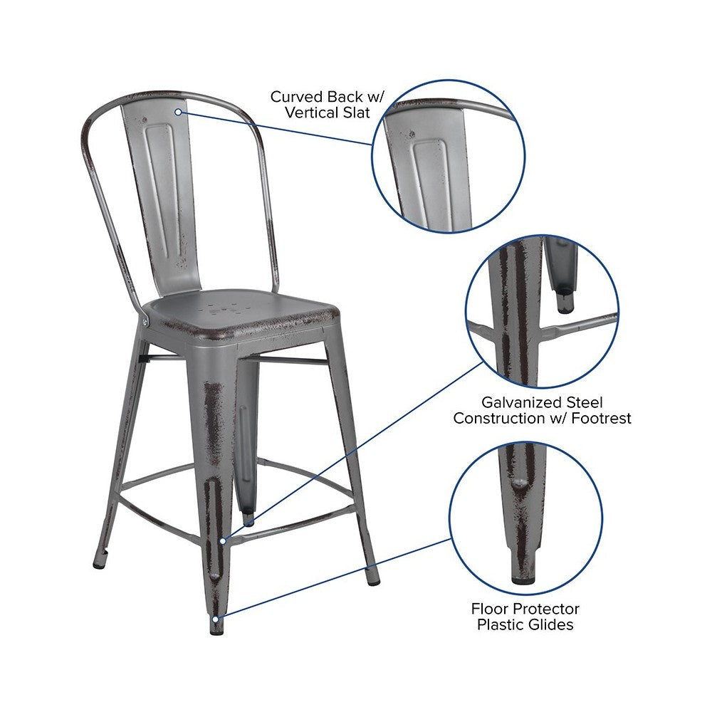 Commercial Grade 24" High Distressed Silver Gray Metal Indoor-Outdoor Counter Height Stool with Back