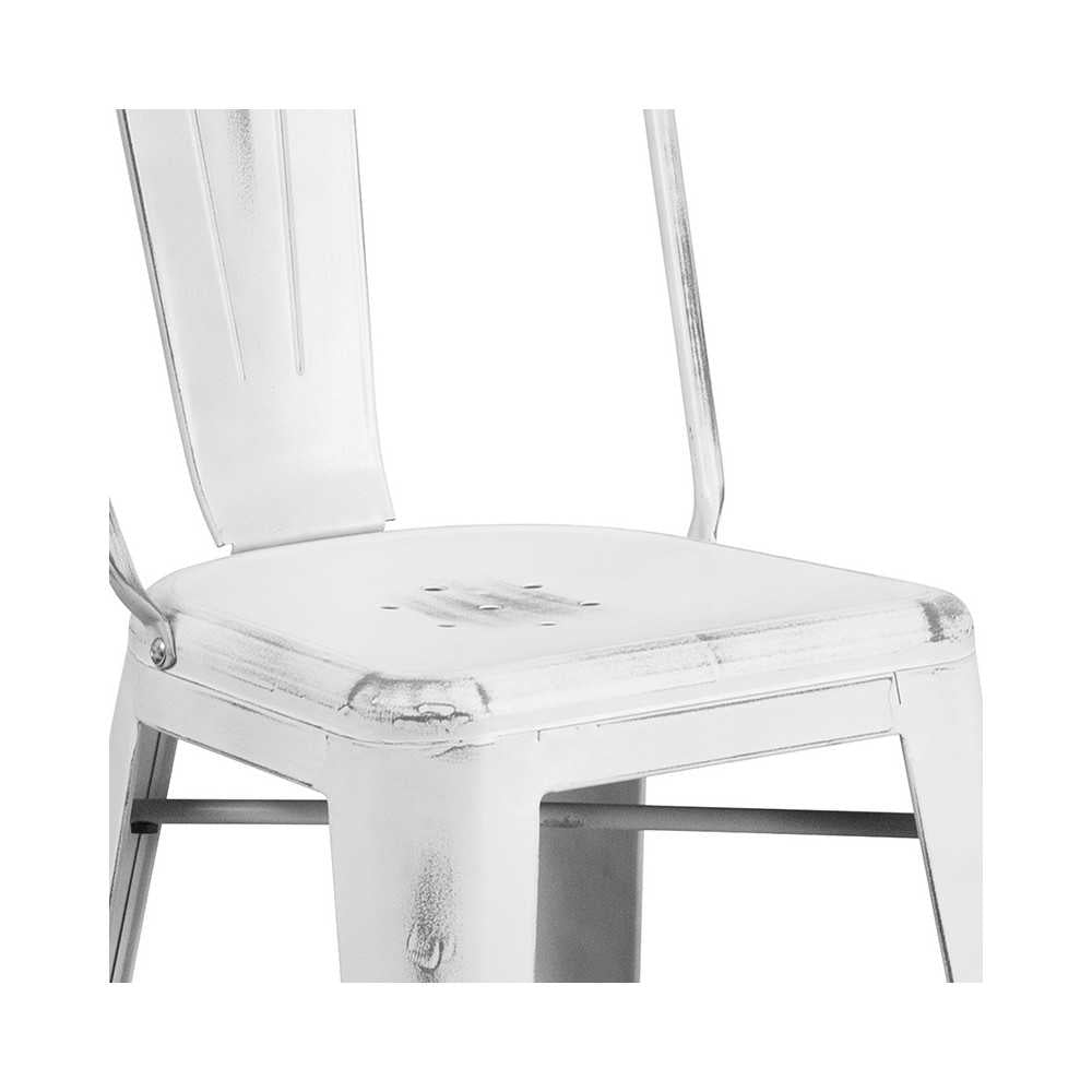 Commercial Grade 24" High Distressed White Metal Indoor-Outdoor Counter Height Stool with Back