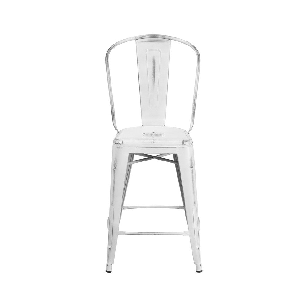 Commercial Grade 24" High Distressed White Metal Indoor-Outdoor Counter Height Stool with Back