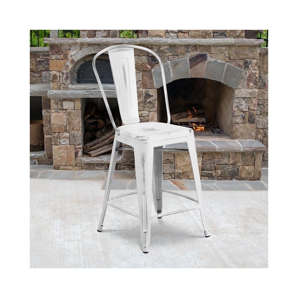 Commercial Grade 24" High Distressed White Metal Indoor-Outdoor Counter Height Stool with Back