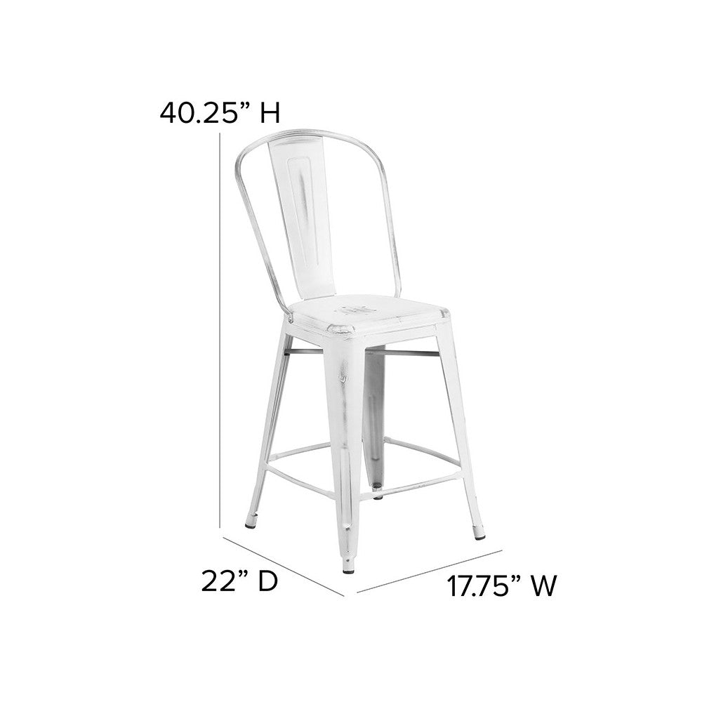 Commercial Grade 24" High Distressed White Metal Indoor-Outdoor Counter Height Stool with Back