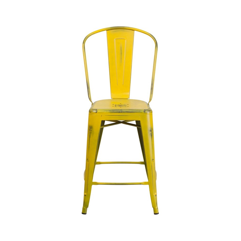 Commercial Grade 24" High Distressed Yellow Metal Indoor-Outdoor Counter Height Stool with Back