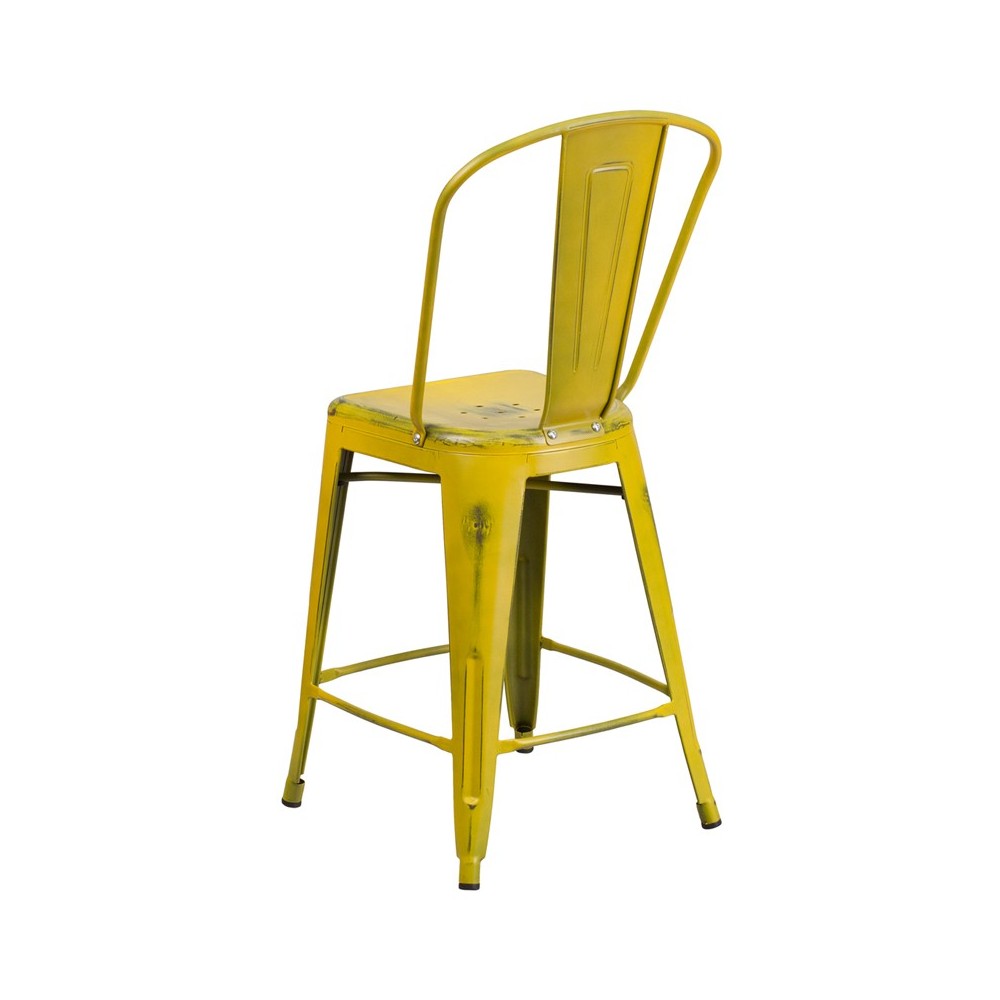 Commercial Grade 24" High Distressed Yellow Metal Indoor-Outdoor Counter Height Stool with Back
