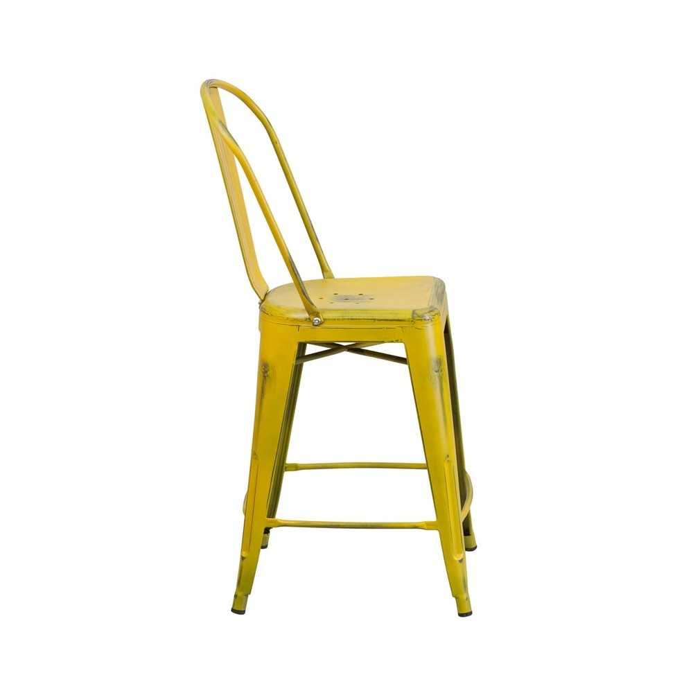 Commercial Grade 24" High Distressed Yellow Metal Indoor-Outdoor Counter Height Stool with Back