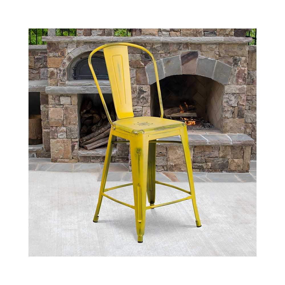 Commercial Grade 24" High Distressed Yellow Metal Indoor-Outdoor Counter Height Stool with Back
