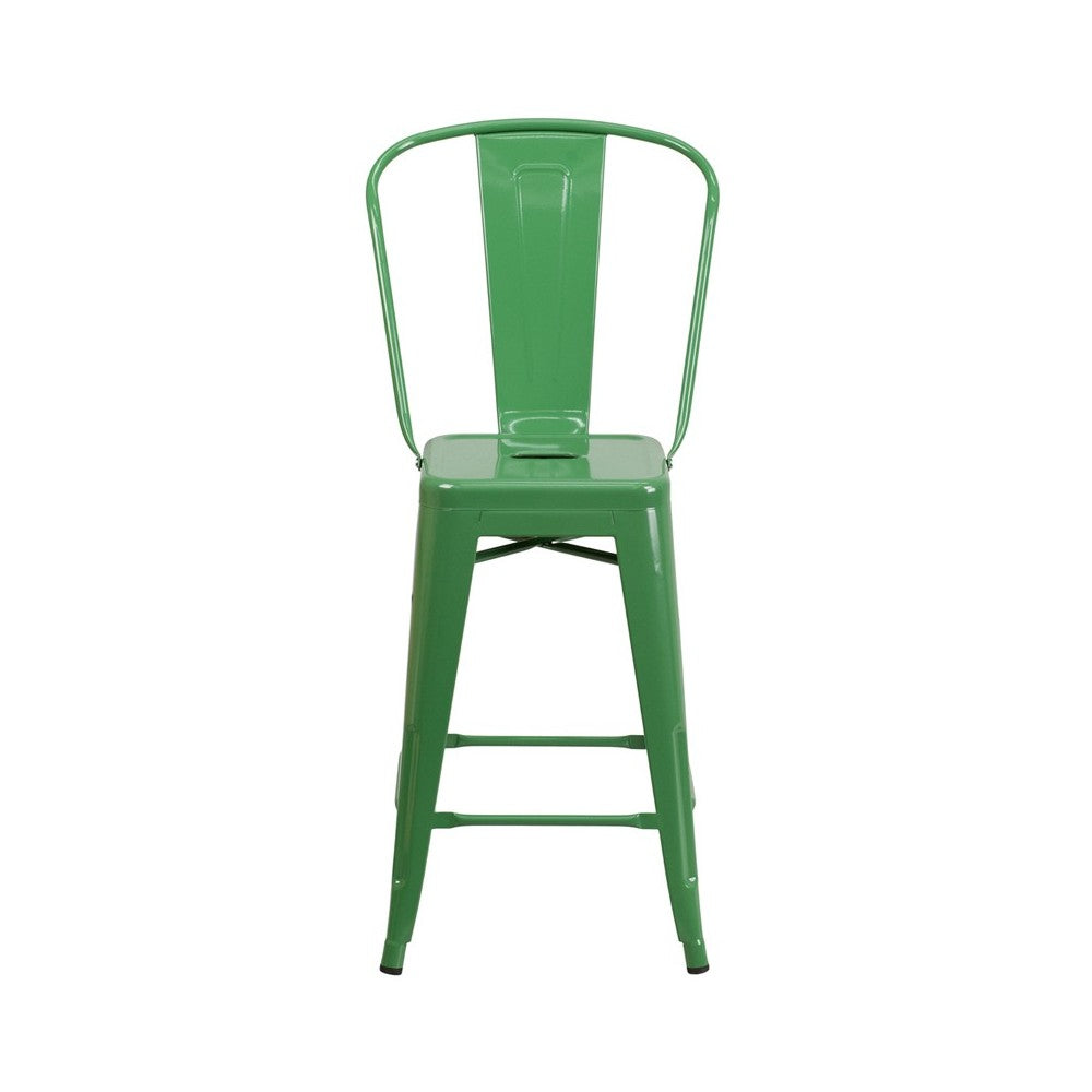 Commercial Grade 24" High Green Metal Indoor-Outdoor Counter Height Stool with Removable Back