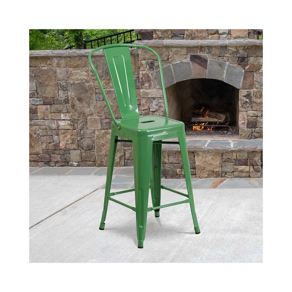 Commercial Grade 24" High Green Metal Indoor-Outdoor Counter Height Stool with Removable Back