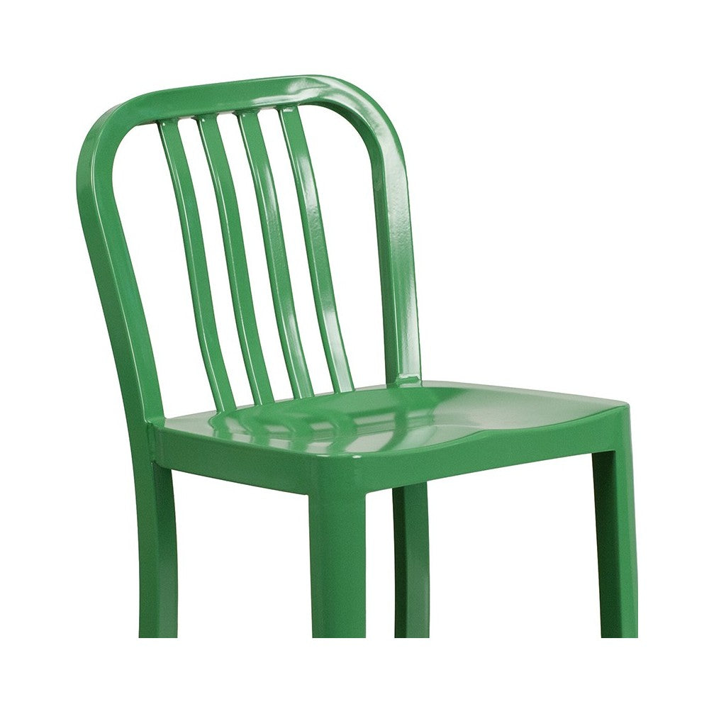 Commercial Grade 24" High Green Metal Indoor-Outdoor Counter Height Stool with Vertical Slat Back