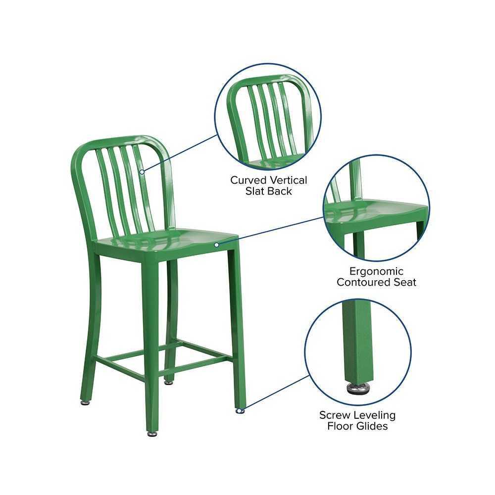 Commercial Grade 24" High Green Metal Indoor-Outdoor Counter Height Stool with Vertical Slat Back