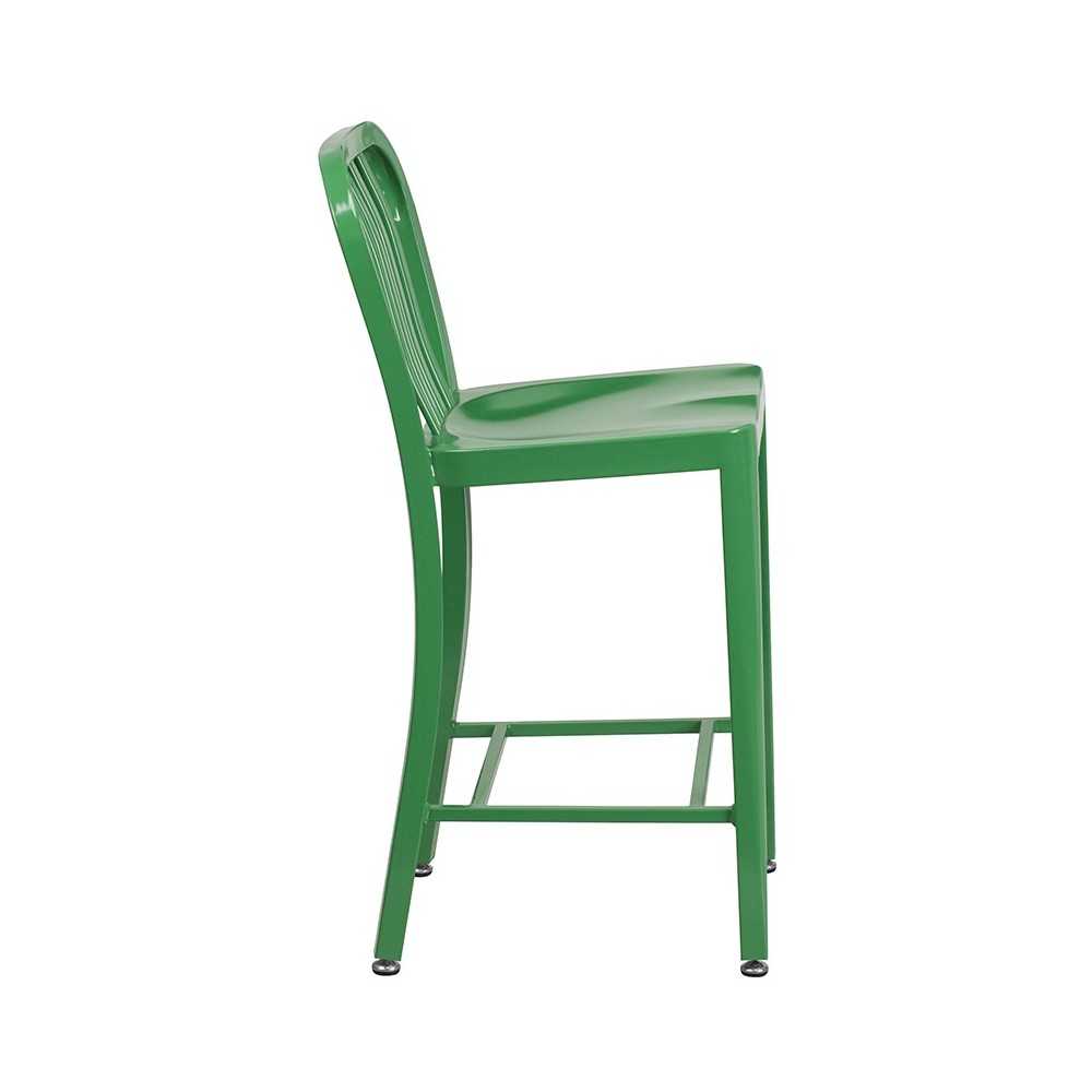 Commercial Grade 24" High Green Metal Indoor-Outdoor Counter Height Stool with Vertical Slat Back
