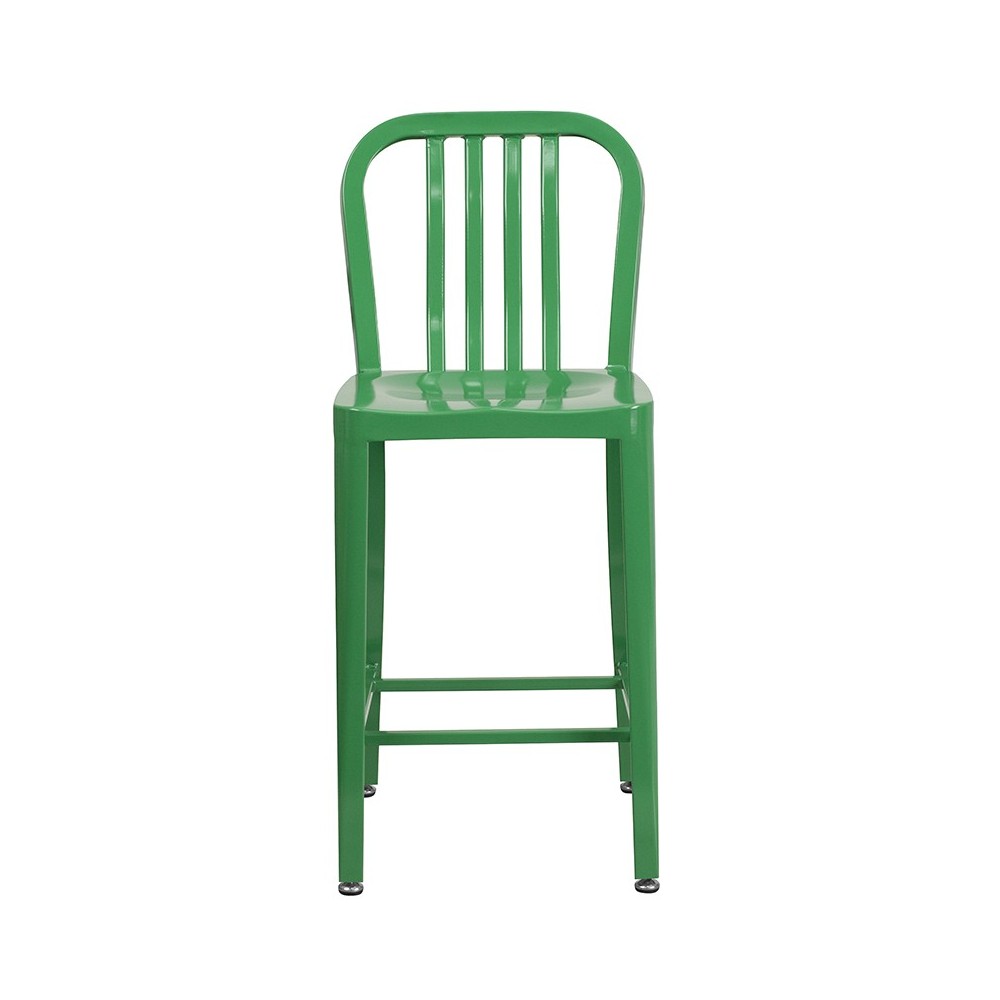 Commercial Grade 24" High Green Metal Indoor-Outdoor Counter Height Stool with Vertical Slat Back