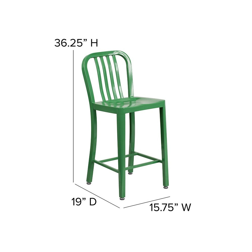 Commercial Grade 24" High Green Metal Indoor-Outdoor Counter Height Stool with Vertical Slat Back