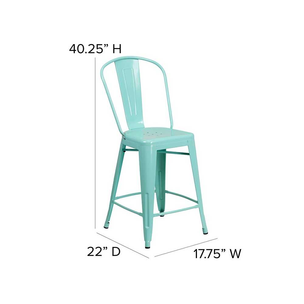 Commercial Grade 24" High Mint Green Metal Indoor-Outdoor Counter Height Stool with Back
