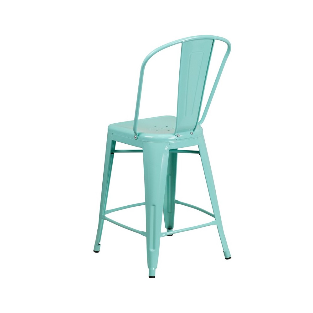 Commercial Grade 24" High Mint Green Metal Indoor-Outdoor Counter Height Stool with Back