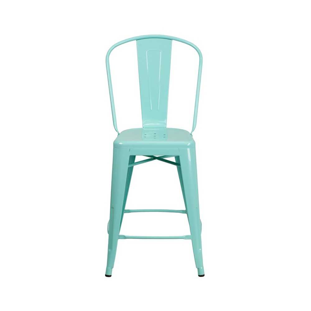 Commercial Grade 24" High Mint Green Metal Indoor-Outdoor Counter Height Stool with Back