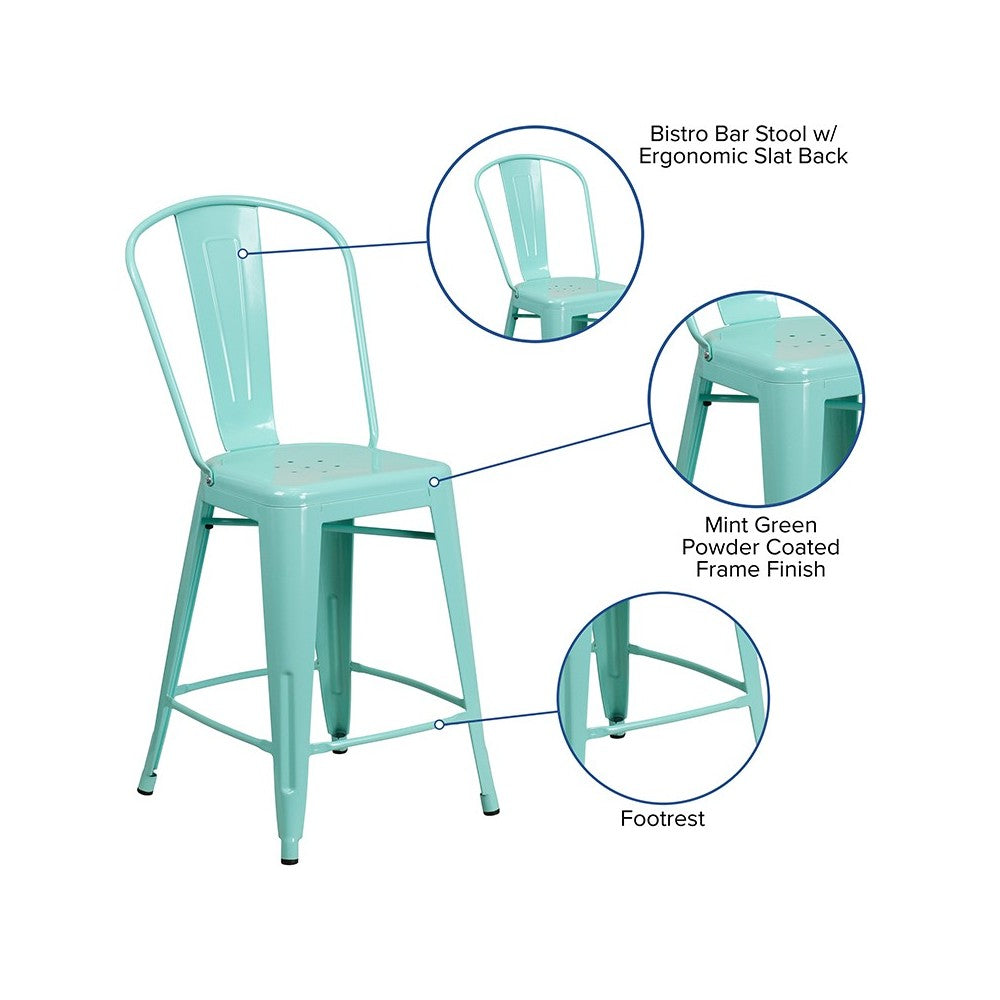 Commercial Grade 24" High Mint Green Metal Indoor-Outdoor Counter Height Stool with Back