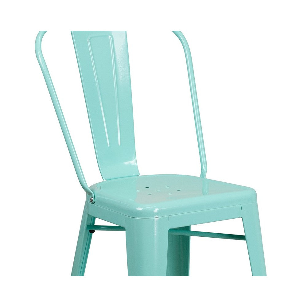 Commercial Grade 24" High Mint Green Metal Indoor-Outdoor Counter Height Stool with Back
