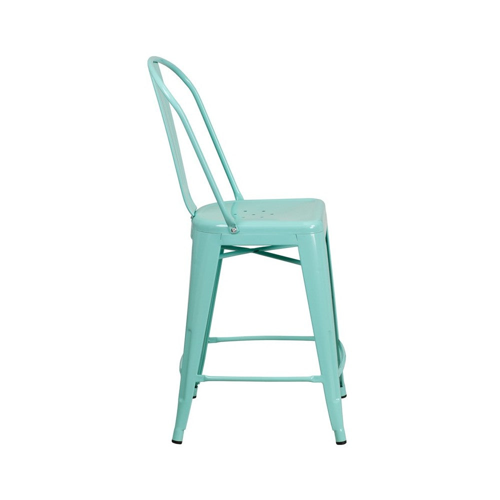 Commercial Grade 24" High Mint Green Metal Indoor-Outdoor Counter Height Stool with Back