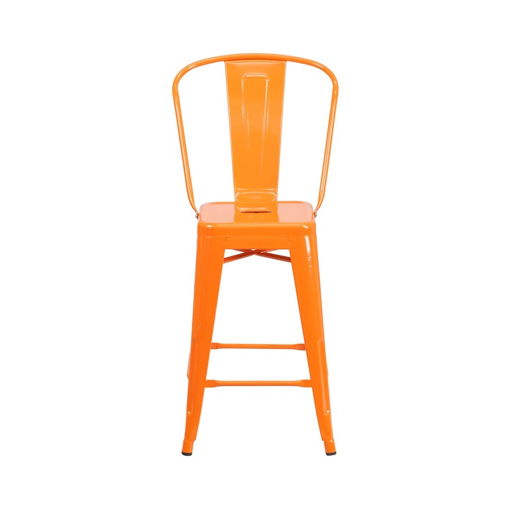 Commercial Grade 24" High Orange Metal Indoor-Outdoor Counter Height Stool with Removable Back