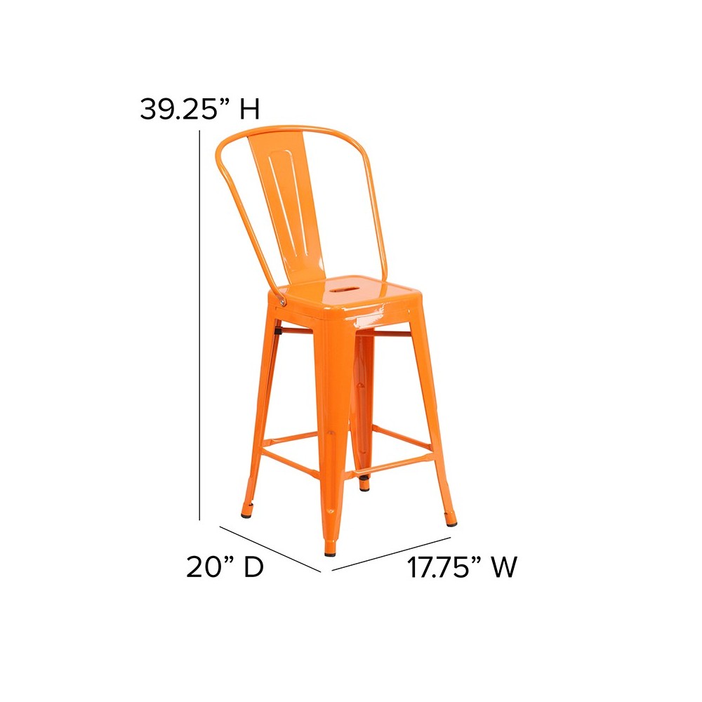 Commercial Grade 24" High Orange Metal Indoor-Outdoor Counter Height Stool with Removable Back